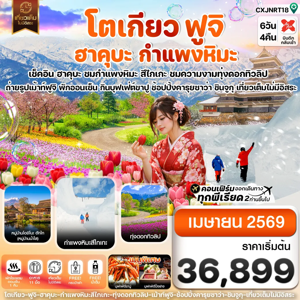 ทัวร์ญี่ปุ่น โตเกียว ฮาคุบะ สึไกเกะกำแพงหิมะ ทิวลิป เที่ยวเต็มไม่มีอิสระ 6วัน 4คืน (XJ)